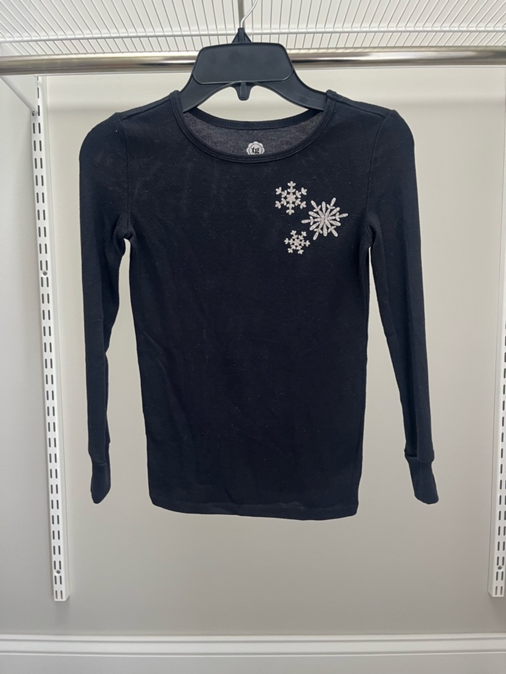 total girl Black Long Sleeve Top with Silver Snowflake Detail